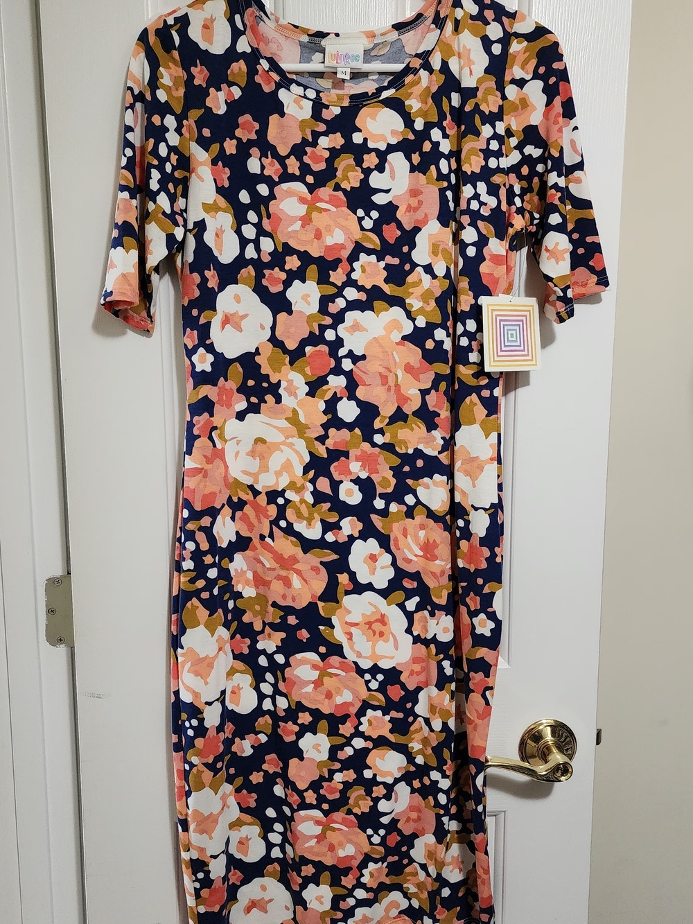 LuLaRoe Julia Navy Floral Top with Pink and Cream Accents Size Medium